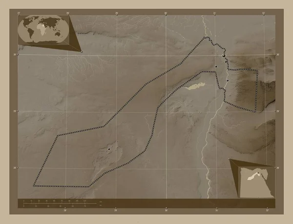 Jizah 埃及省 高程图 用深紫色调涂上湖泊和河流 该区域主要城市的所在地点 角辅助位置图 — 图库照片
