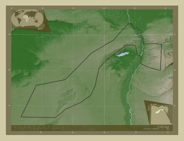 Jizah 埃及省 用Wiki风格绘制的带有湖泊和河流的高程地图 该区域主要城市的地点和名称 角辅助位置图 — 图库照片