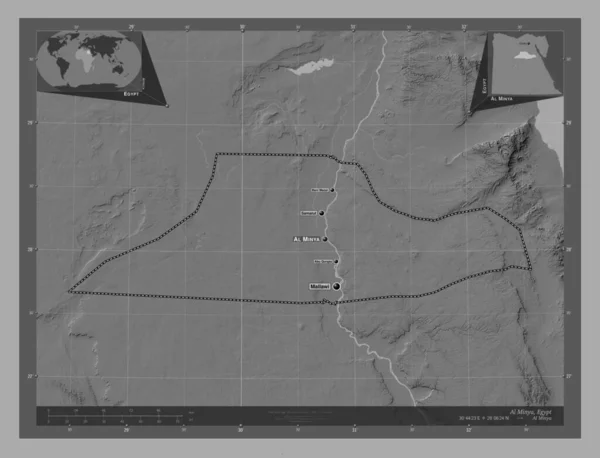 Minya Gouvernorat Egypte Carte Altitude Bilevel Avec Lacs Rivières Emplacements — Photo
