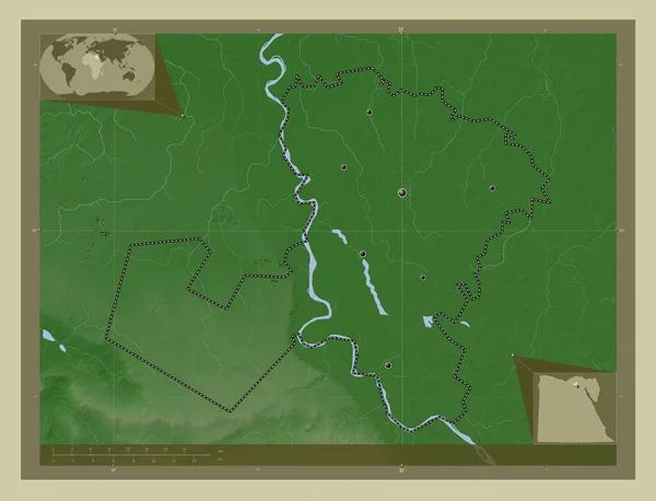 Minufiyah 埃及省 用Wiki风格绘制的带有湖泊和河流的高程地图 该区域主要城市的所在地点 角辅助位置图 — 图库照片