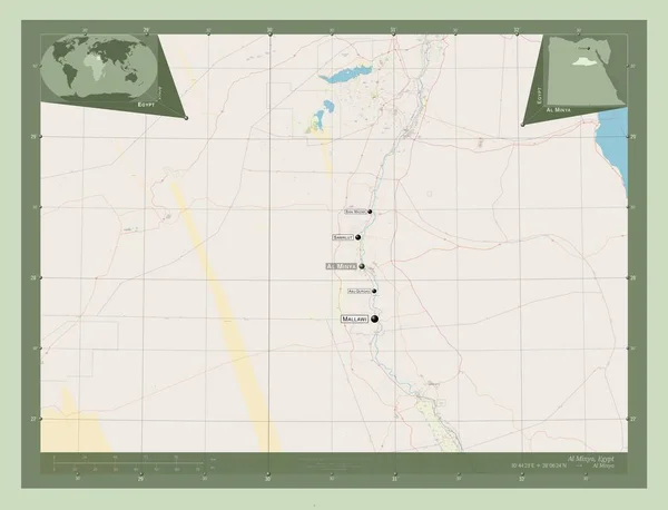 Minya Gouvernorat Egypte Ouvrir Carte Routière Emplacements Noms Des Grandes — Photo