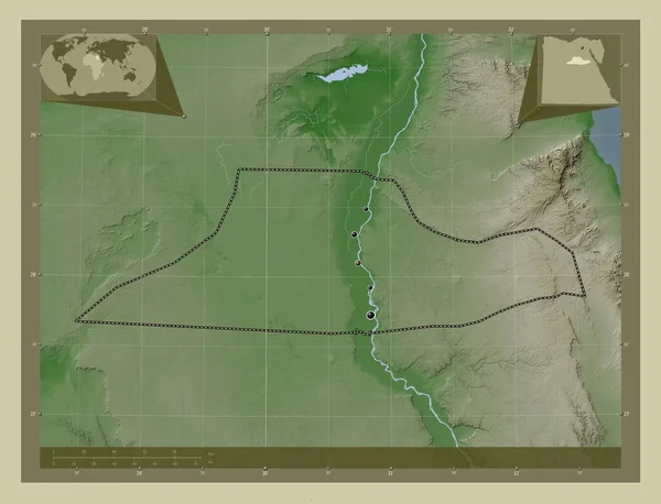Minya 埃及省 用Wiki风格绘制的带有湖泊和河流的高程地图 该区域主要城市的所在地点 角辅助位置图 — 图库照片