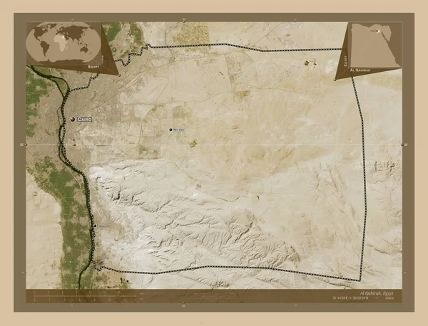Qahirah 埃及省 低分辨率卫星地图 该区域主要城市的地点和名称 角辅助位置图 — 图库照片