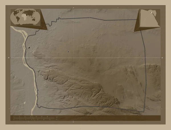 Al Qahirah, governorate of Egypt. Elevation map colored in sepia tones with lakes and rivers. Locations of major cities of the region. Corner auxiliary location maps