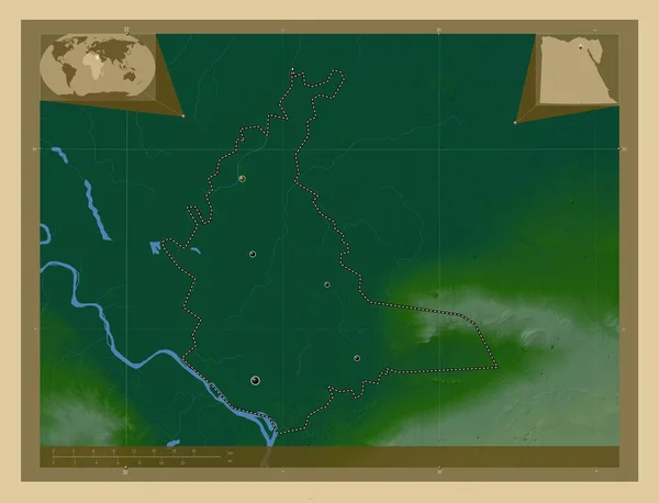 Qalyubiyah Gubernator Egiptu Kolorowa Mapa Wzniesień Jeziorami Rzekami Lokalizacje Dużych — Zdjęcie stockowe