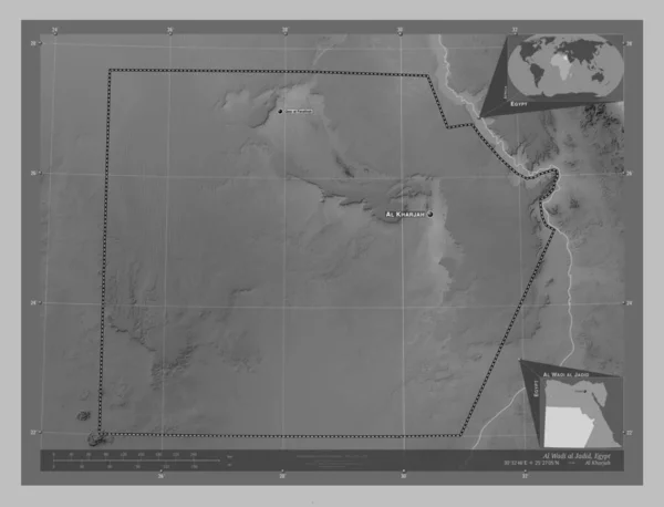 Wadi Jadid Governorate Egypt Grayscale Elevation Map Lakes Rivers Locations — Stock Photo, Image