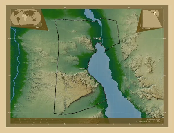Come Suways Governatorato Egitto Mappa Elevazione Colorata Con Laghi Fiumi — Foto Stock