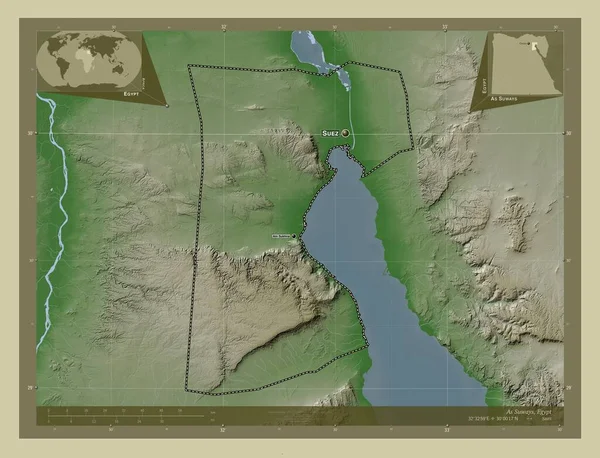 埃及省 用Wiki风格绘制的带有湖泊和河流的高程地图 该区域主要城市的地点和名称 角辅助位置图 — 图库照片
