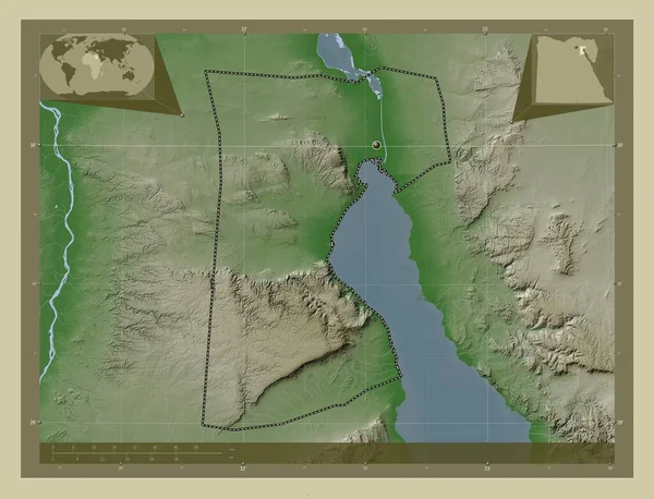 埃及省 用Wiki风格绘制的带有湖泊和河流的高程地图 角辅助位置图 — 图库照片