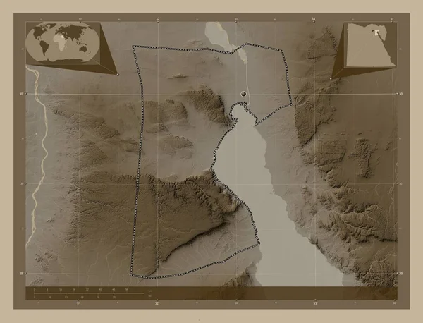 埃及省 高程图 用深紫色调涂上湖泊和河流 角辅助位置图 — 图库照片