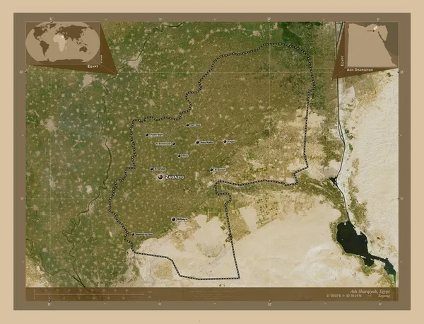 Ash Sharqiyah Gobernación Egipto Mapa Satelital Baja Resolución Ubicaciones Nombres — Foto de Stock