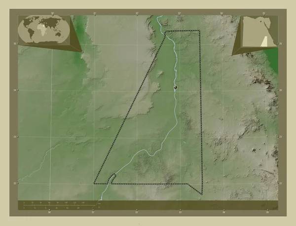 Aswan, governorate of Egypt. Elevation map colored in wiki style with lakes and rivers. Corner auxiliary location maps