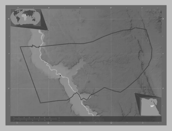 Asyut Governorate Egypt Grayscale Elevation Map Lakes Rivers Corner Auxiliary — Stock Photo, Image