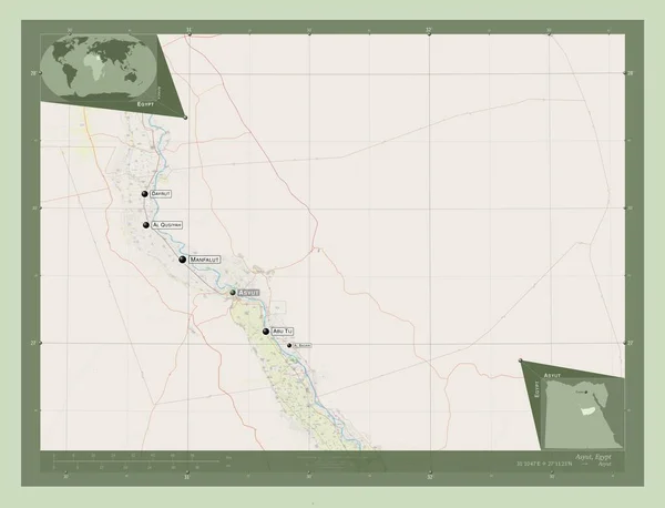 埃及省Asyut 开放街道地图 该区域主要城市的地点和名称 角辅助位置图 — 图库照片
