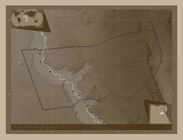 Asiut Gobernación Egipto Mapa Elevación Coloreado Tonos Sepia Con Lagos —  Fotos de Stock