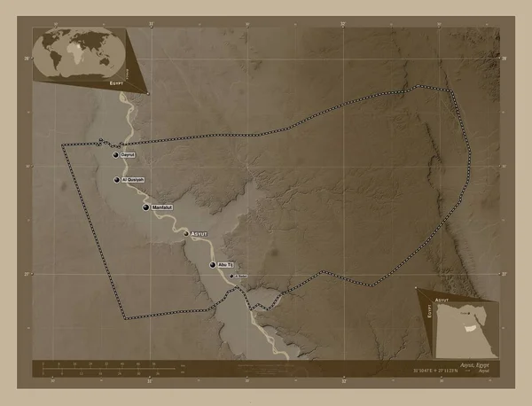 Asyut Gubernator Egiptu Mapa Elewacji Kolorowe Sepia Dźwięki Jeziorami Rzekami — Zdjęcie stockowe