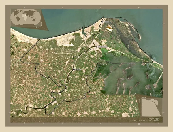 エジプト総督のドゥミヤットだ 高解像度衛星地図 地域の主要都市の位置と名前 コーナー補助位置図 — ストック写真