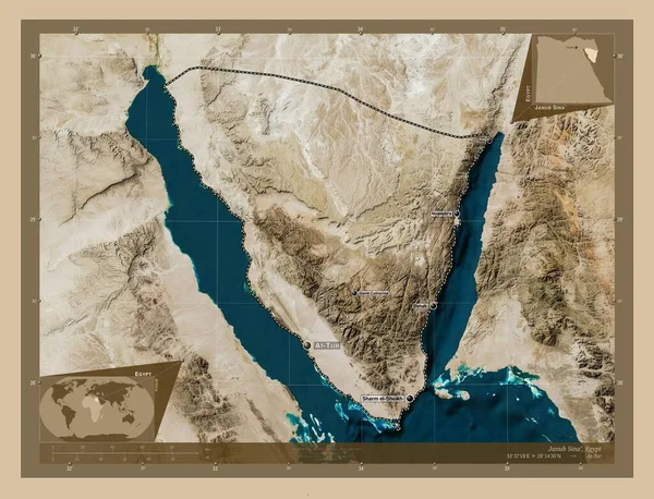 エジプト総督のヤヌブ シーナ 低解像度衛星地図 地域の主要都市の位置と名前 コーナー補助位置図 — ストック写真