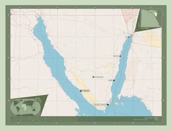 January Sina Province Egypt 开放街道地图 该区域主要城市的地点和名称 角辅助位置图 — 图库照片