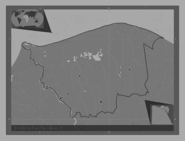 Kafr Ash Shaykh 埃及省 带湖泊和河流的比尔维尔高程图 该区域主要城市的所在地点 角辅助位置图 — 图库照片