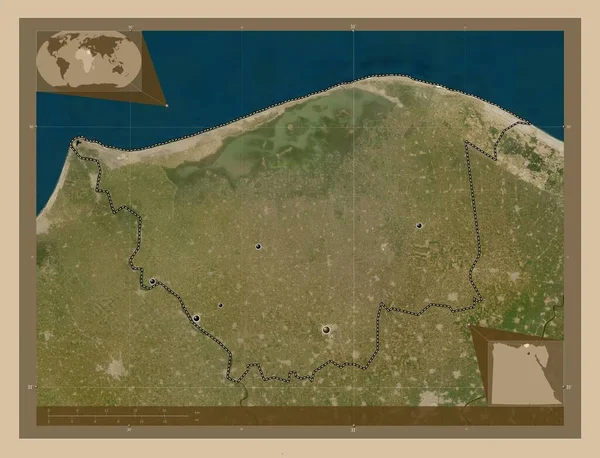 エジプトの統治者カフル アッシュ シャイフ 低解像度衛星地図 地域の主要都市の場所 コーナー補助位置図 — ストック写真