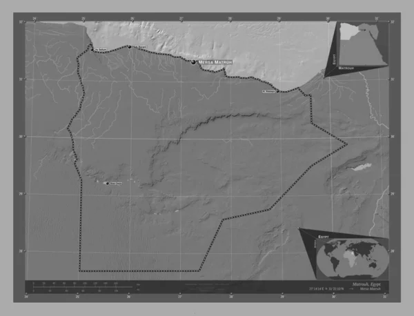 Matrouh エジプトの知事 湖や川と二階の標高マップ 地域の主要都市の位置と名前 コーナー補助位置図 — ストック写真