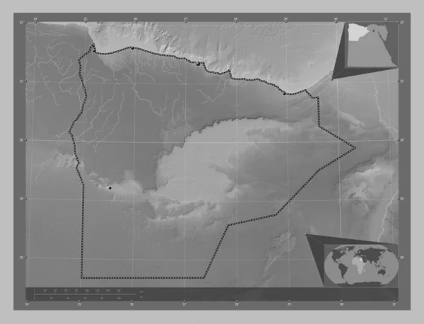 埃及省的Matrouh 带有湖泊和河流的灰度高程图 该区域主要城市的所在地点 角辅助位置图 — 图库照片
