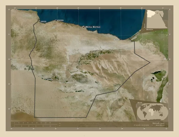 埃及省的Matrouh 高分辨率卫星地图 该区域主要城市的地点和名称 角辅助位置图 — 图库照片