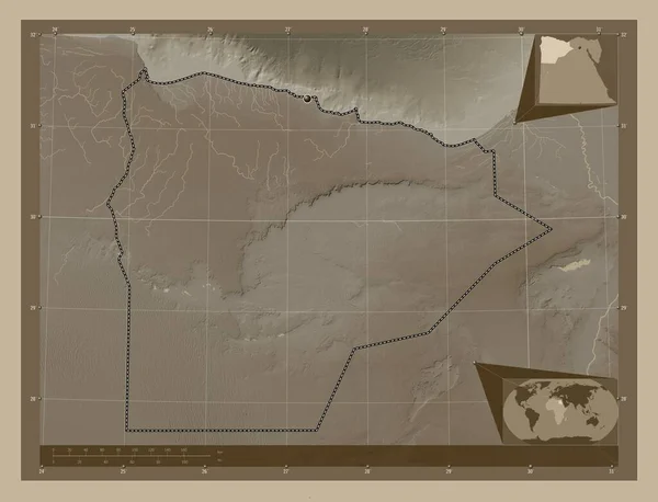 Matrouh, governorate of Egypt. Elevation map colored in sepia tones with lakes and rivers. Corner auxiliary location maps