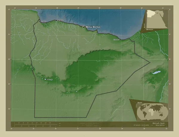 Matrouh, governorate of Egypt. Elevation map colored in wiki style with lakes and rivers. Locations and names of major cities of the region. Corner auxiliary location maps