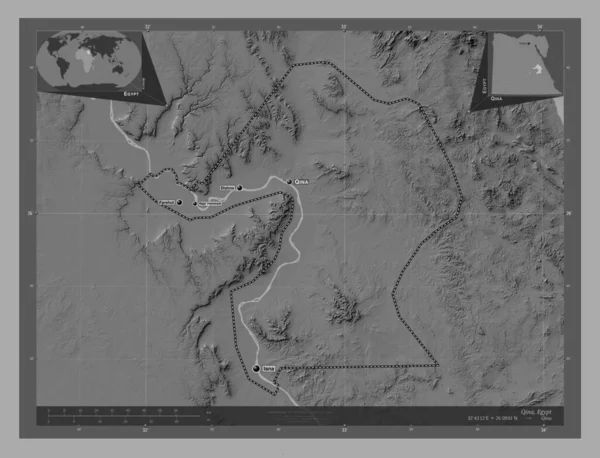 埃及Qina省 带湖泊和河流的比尔维尔高程图 该区域主要城市的地点和名称 角辅助位置图 — 图库照片