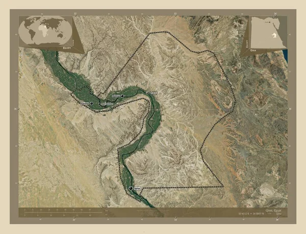 埃及Qina省 高分辨率卫星地图 该区域主要城市的地点和名称 角辅助位置图 — 图库照片