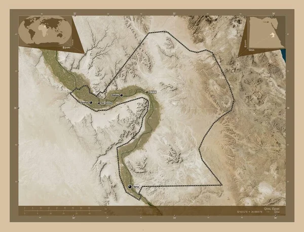 埃及Qina省 低分辨率卫星地图 该区域主要城市的地点和名称 角辅助位置图 — 图库照片