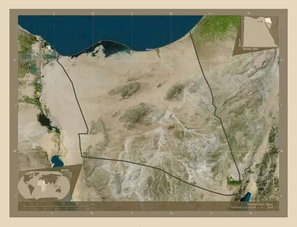 Shamal Sina 埃及省 高分辨率卫星地图 该区域主要城市的地点和名称 角辅助位置图 — 图库照片