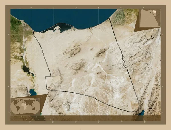 エジプト総督のシャマル シーナ 低解像度衛星地図 地域の主要都市の場所 コーナー補助位置図 — ストック写真