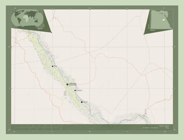 Suhaj Province Egypt 开放街道地图 该区域主要城市的地点和名称 角辅助位置图 — 图库照片