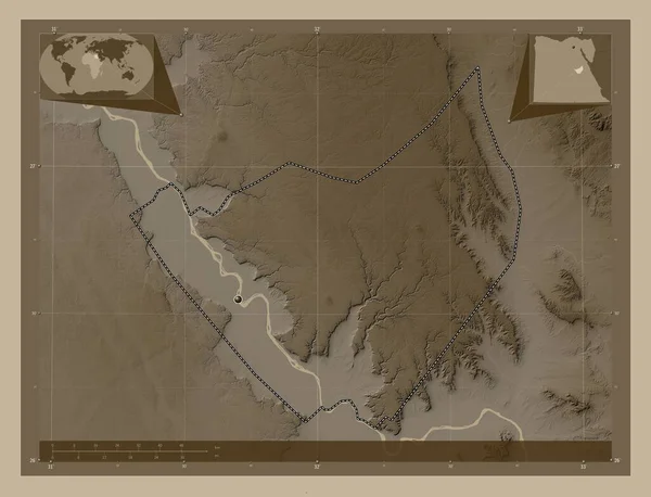 Suhaj Egyptský Guvernér Zdvihová Mapa Zbarvená Sépiovými Tóny Jezery Řekami — Stock fotografie