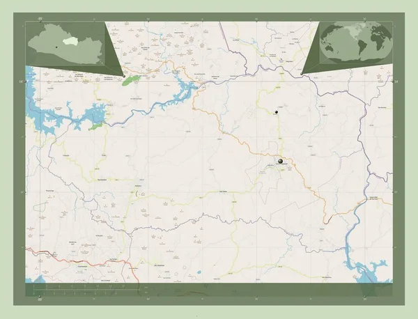 エルサルバドルのカバナスだ ストリートマップを開く 地域の主要都市の場所 コーナー補助位置図 — ストック写真