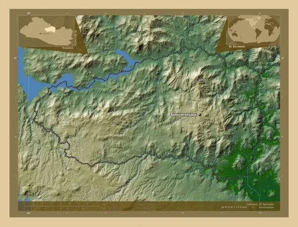エルサルバドルのカバナスだ 湖や川と色の標高マップ 地域の主要都市の位置と名前 コーナー補助位置図 — ストック写真