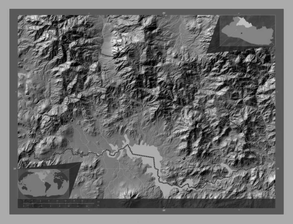 エルサルバドル省チャラタンゴ 湖や川と二階の標高マップ 地域の主要都市の場所 コーナー補助位置図 — ストック写真