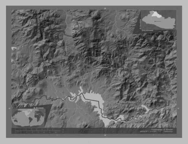 Chalatenango Departament Salwadoru Mapa Wzniesień Skali Szarości Jeziorami Rzekami Lokalizacje — Zdjęcie stockowe