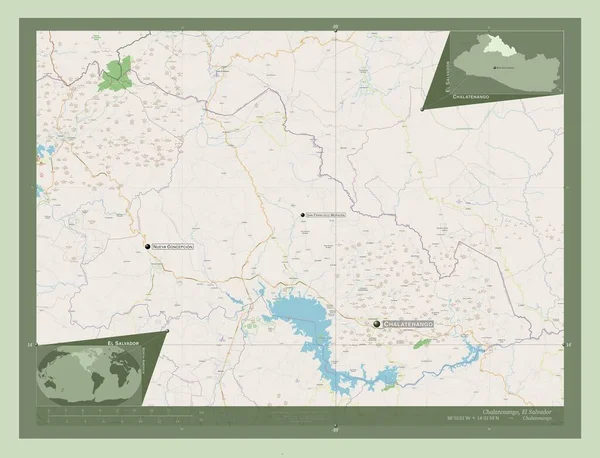 萨尔瓦多省Chalatenango 开放街道地图 该区域主要城市的地点和名称 角辅助位置图 — 图库照片