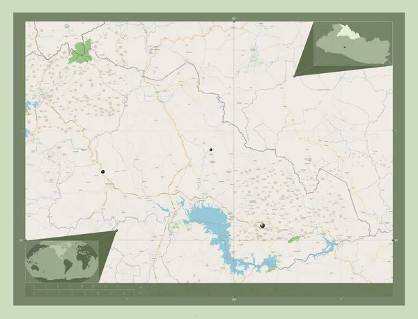 萨尔瓦多省Chalatenango 开放街道地图 该区域主要城市的所在地点 角辅助位置图 — 图库照片