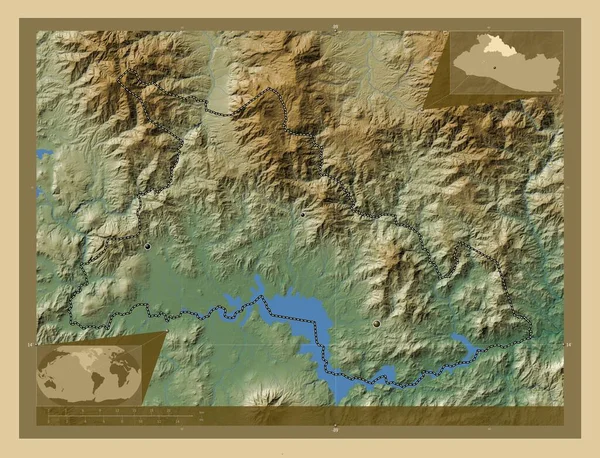 エルサルバドル省チャラタンゴ 湖や川と色の標高マップ 地域の主要都市の場所 コーナー補助位置図 — ストック写真
