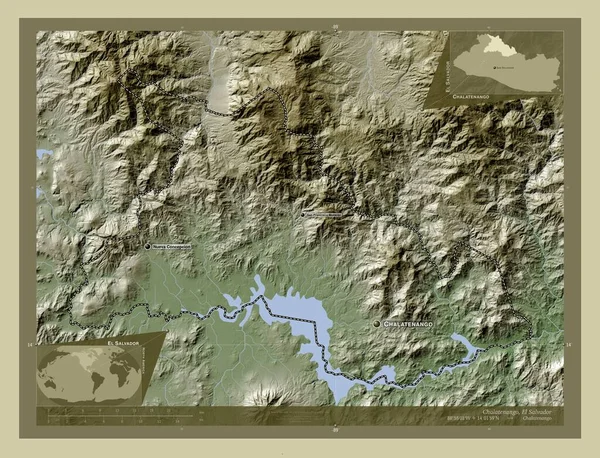萨尔瓦多省Chalatenango 用Wiki风格绘制的带有湖泊和河流的高程地图 该区域主要城市的地点和名称 角辅助位置图 — 图库照片