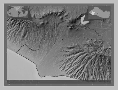 Sonate, El Salvador Departmanı. Gölleri ve nehirleri olan gri tonlama yükseklik haritası. Bölgenin büyük şehirlerinin yerleri. Köşedeki yedek konum haritaları