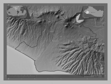 Sonate, El Salvador Departmanı. Gölleri ve nehirleri olan gri tonlama yükseklik haritası. Bölgenin büyük şehirlerinin yerleri ve isimleri. Köşedeki yedek konum haritaları