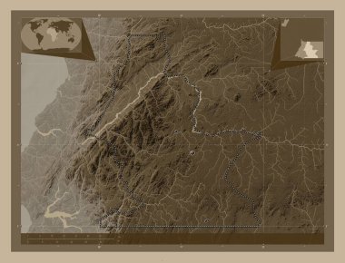 Centro Sur, Ekvator Ginesi ili. Yükseklik haritası sepya tonlarında göller ve nehirlerle renklendirilmiş. Bölgenin büyük şehirlerinin yerleri. Köşedeki yedek konum haritaları