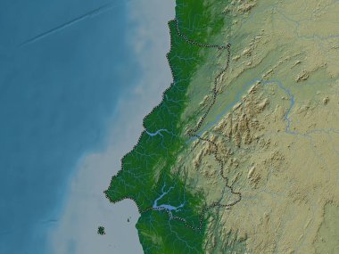 Litoral, Ekvator Ginesi vilayeti. Gölleri ve nehirleri olan renkli yükseklik haritası