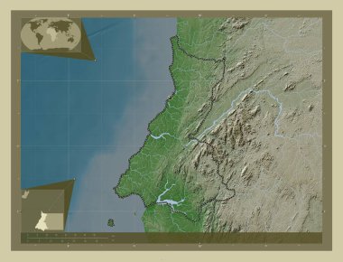 Litoral, Ekvator Ginesi vilayeti. Yükseklik haritası göller ve nehirlerle wiki tarzında renklendirilmiş. Köşedeki yedek konum haritaları